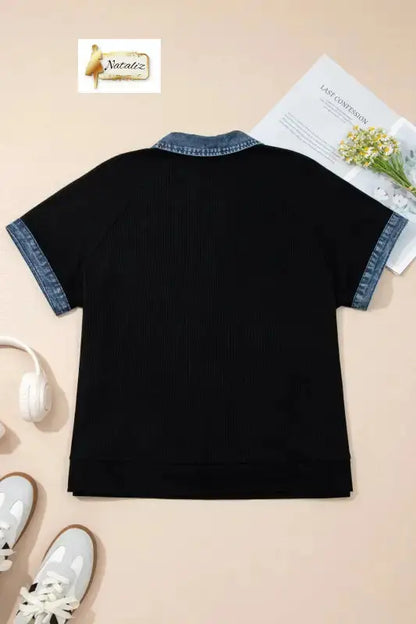 Black Plus Size Textured Contrast Denim Patchwork Button Polo Tee Nataliz