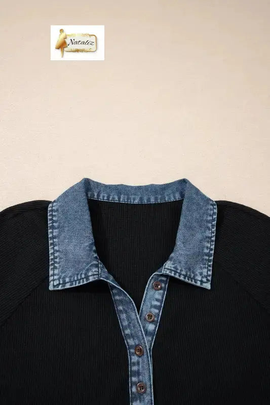 Black Plus Size Textured Contrast Denim Patchwork Button Polo Tee Nataliz