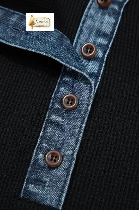 Black Plus Size Textured Contrast Denim Patchwork Button Polo Tee Nataliz