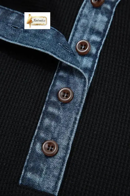 Black Plus Size Textured Contrast Denim Patchwork Button Polo Tee Nataliz
