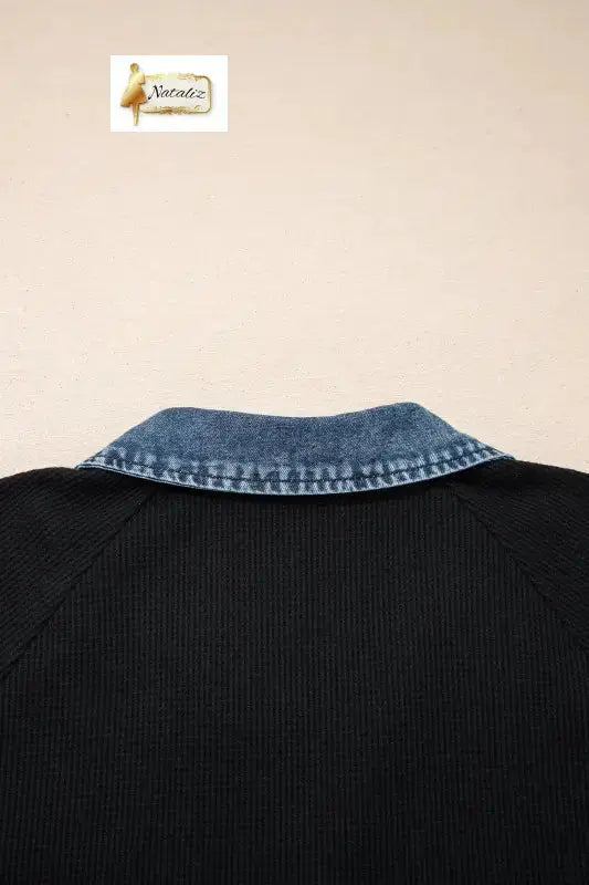 Black Plus Size Textured Contrast Denim Patchwork Button Polo Tee Nataliz