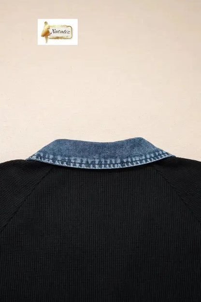 Black Plus Size Textured Contrast Denim Patchwork Button Polo Tee Nataliz
