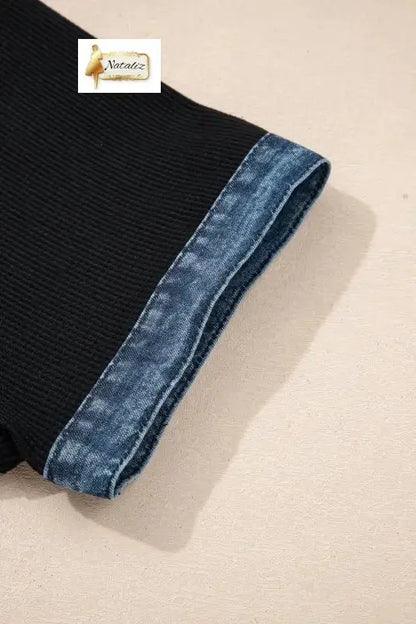 Black Plus Size Textured Contrast Denim Patchwork Button Polo Tee Nataliz