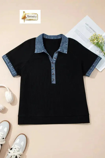 Black Plus Size Textured Contrast Denim Patchwork Button Polo Tee Nataliz