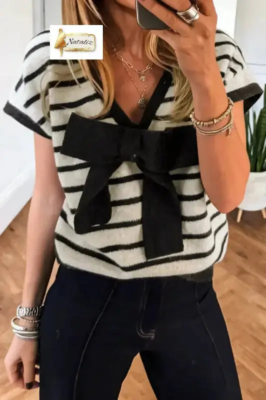 Black Stripe Bow Applique Short Sleeve Sweater Dear-Lover Dropshipping
