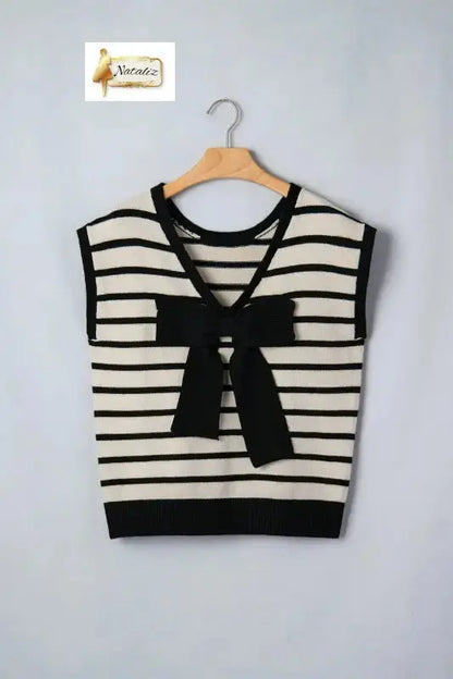 Black Stripe Bow Applique Short Sleeve Sweater Dear-Lover Dropshipping