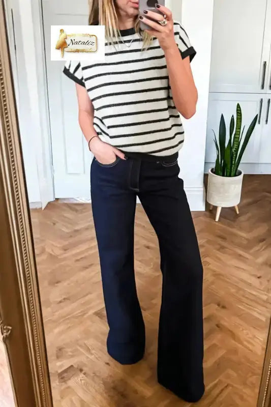 Black Stripe Bow Applique Short Sleeve Sweater Dear-Lover Dropshipping