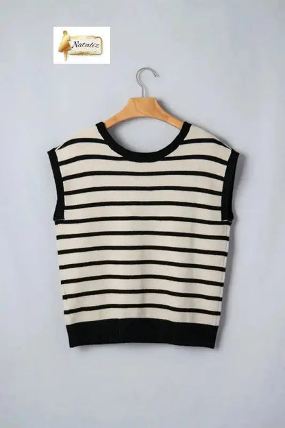 Black Stripe Bow Applique Short Sleeve Sweater Nataliz