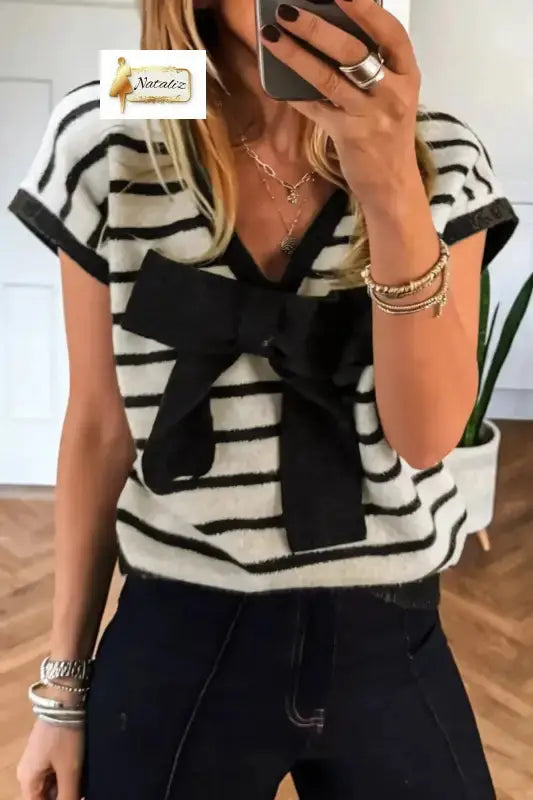 Black Stripe Bow Applique Short Sleeve Sweater Dear-Lover Dropshipping