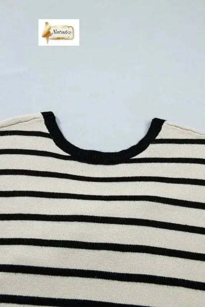 Black Stripe Bow Applique Short Sleeve Sweater Nataliz