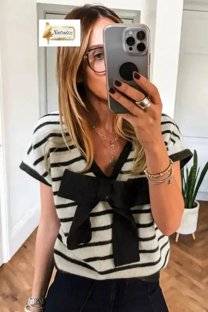 Black Stripe Bow Applique Short Sleeve Sweater Dear-Lover Dropshipping