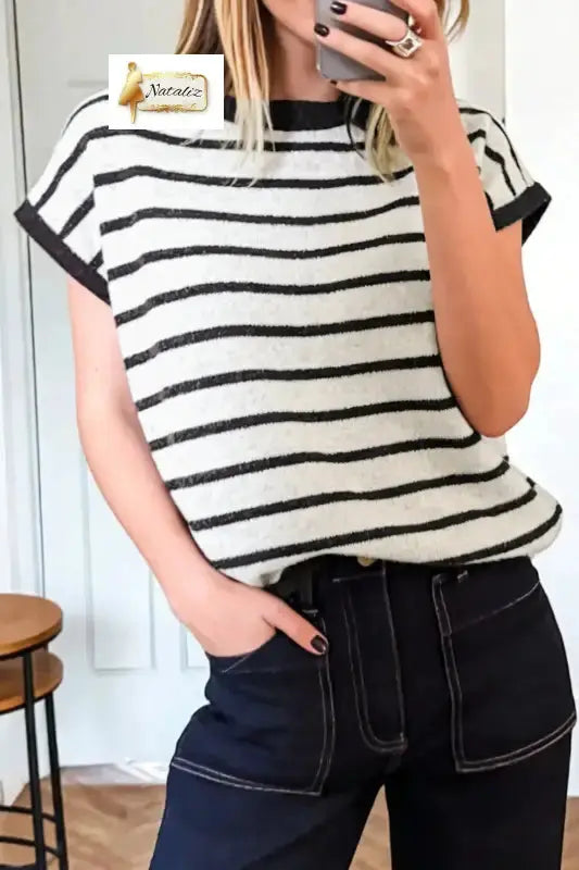 Black Stripe Bow Applique Short Sleeve Sweater Dear-Lover Dropshipping