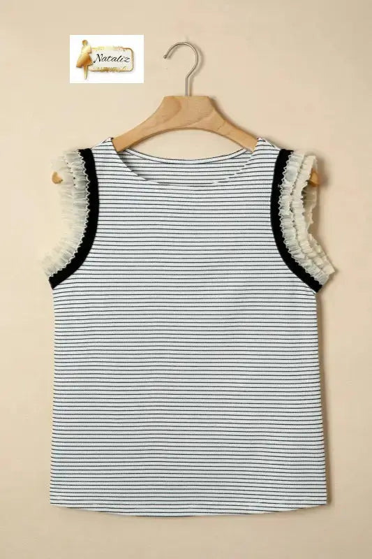 Black Stripe Contrasted Ruffle Trim Casual Tank Top Nataliz