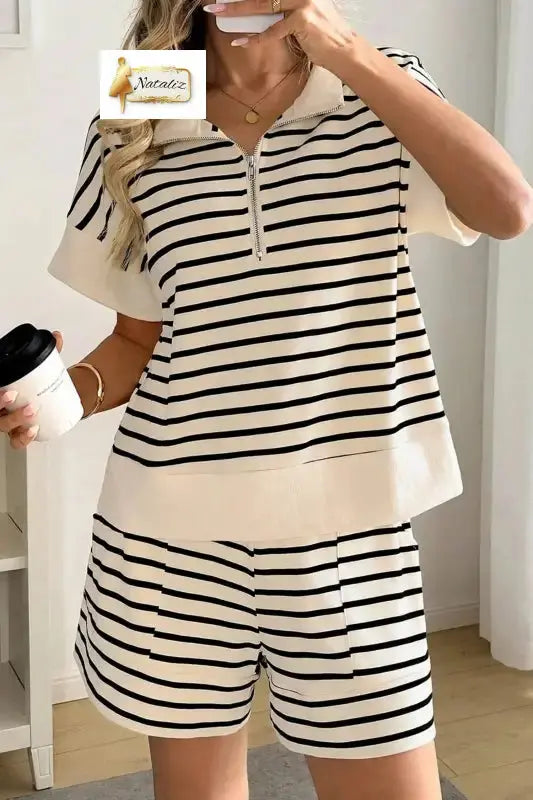 Black Stripe Ribbed Color Block Trim Zip Polo Tee Drawstring Shorts 2pcs Outfit Dear-Lover Dropshipping
