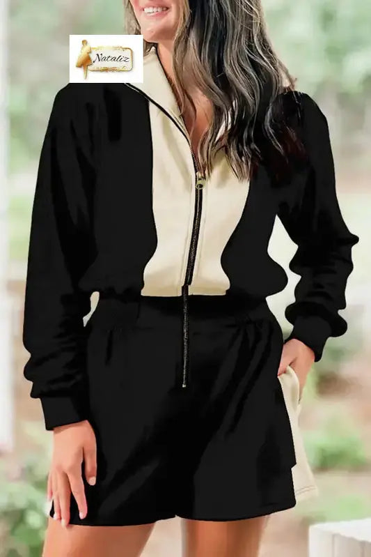 Black Two-tone Long Sleeve Zipped Front Casual Romper Dear-Lover Dropshipping