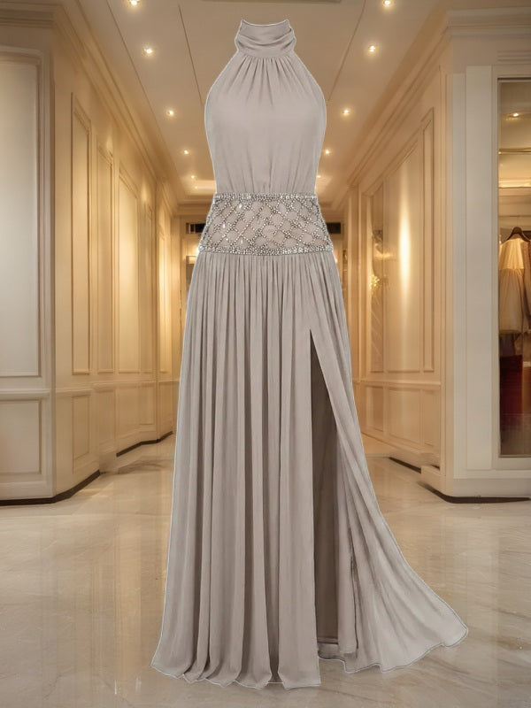 Beaded Waist High-Neck Halter Maxi Dress in Taupe mannequin view · nz-bg-v1