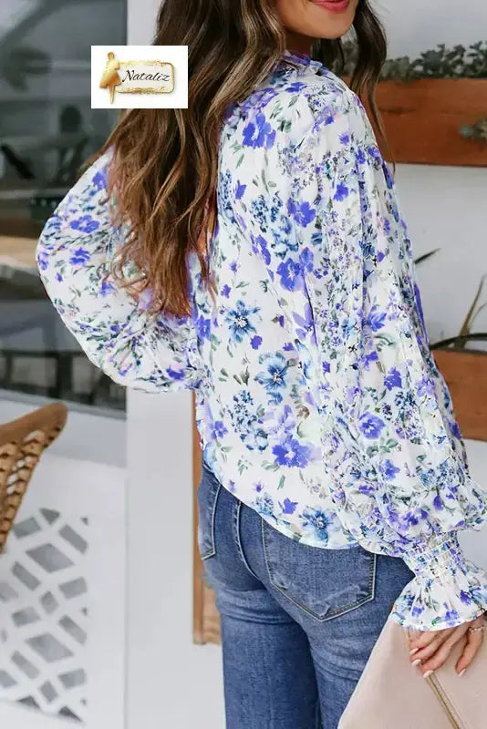 Blue Cakewalk Floral Smocked Blouse Dear-Lover Dropshipping