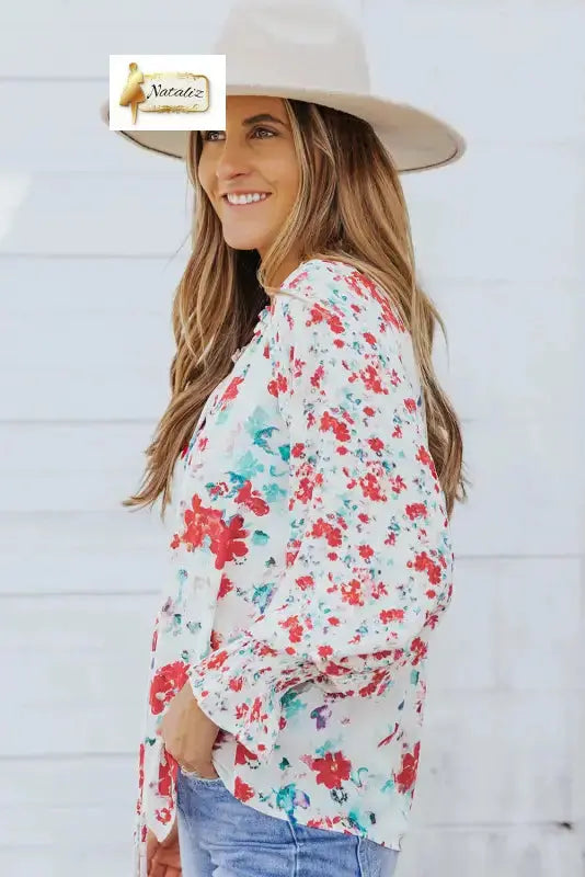 Blue Cakewalk Floral Smocked Blouse Nataliz