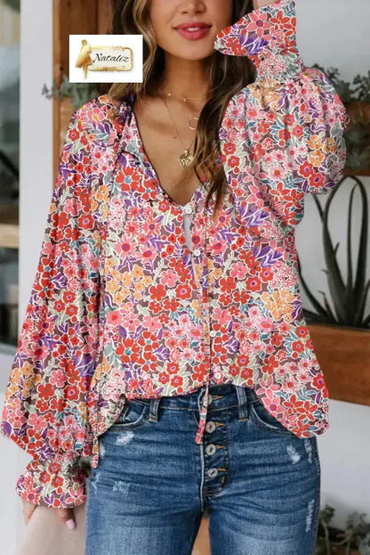 Blue Cakewalk Floral Smocked Blouse Nataliz