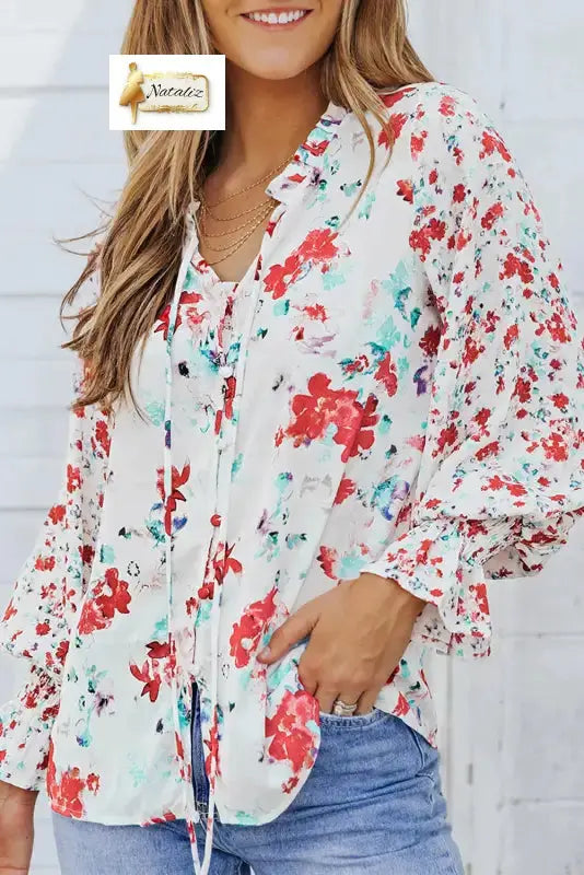 Blue Cakewalk Floral Smocked Blouse Nataliz