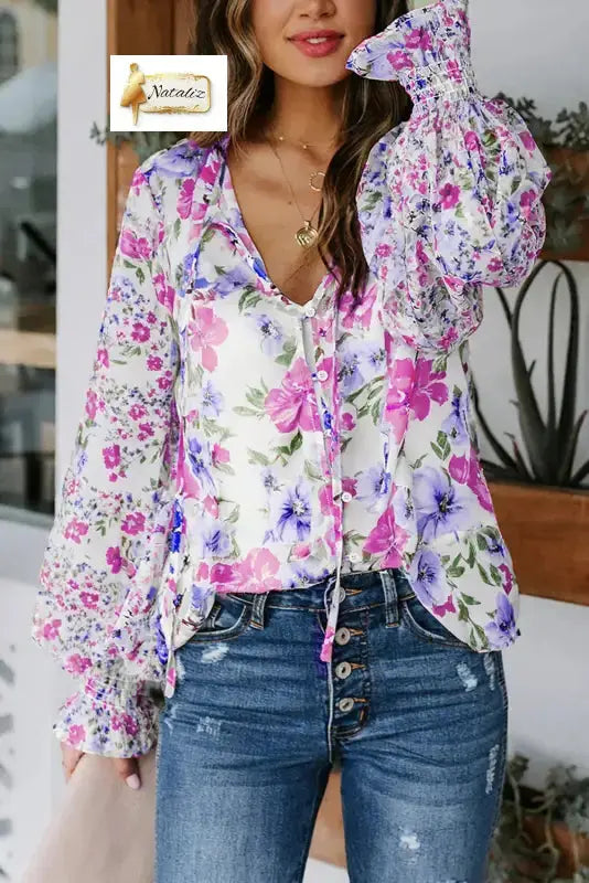 Blue Cakewalk Floral Smocked Blouse Nataliz