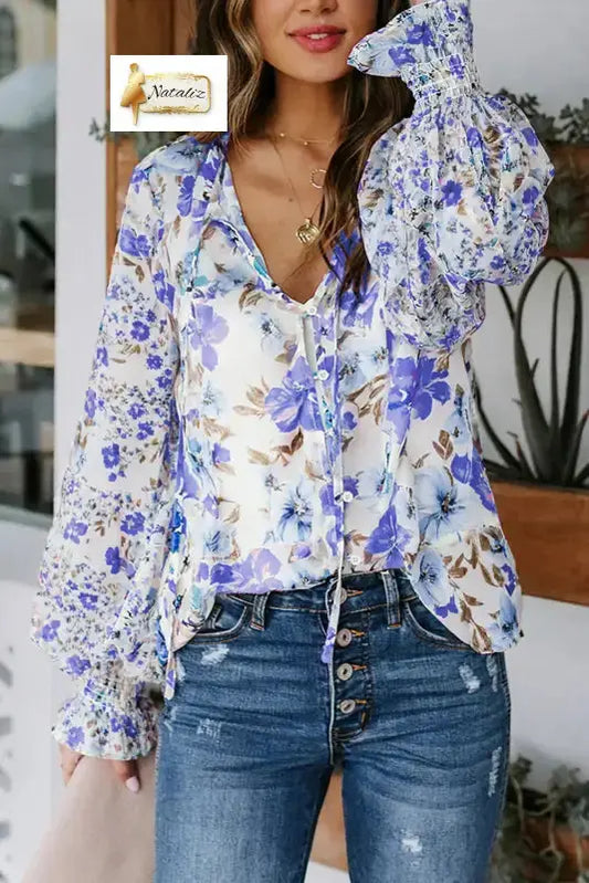 Blue Cakewalk Floral Smocked Blouse Dear-Lover Dropshipping