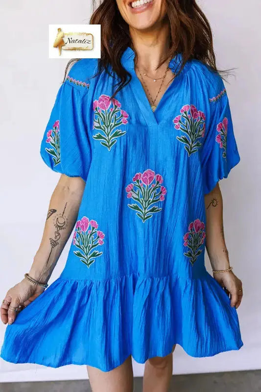 Blue Flower Embroidered Split Neck Short Puff Sleeve Ruffle Hem Dress Nataliz