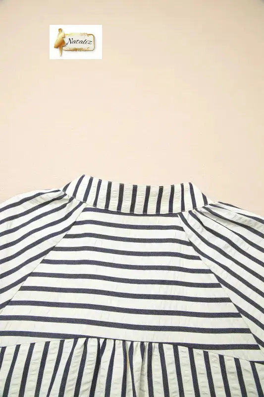 Blue Stripe Floral Embroidered Detail V Neck Short Sleeve Blouse - Blouses & Shirts