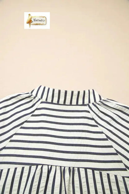 Blue Stripe Floral Embroidered Detail V Neck Short Sleeve Blouse - Blouses & Shirts