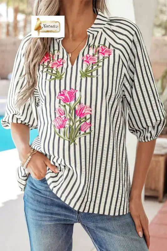 Blue Stripe Floral Embroidered Detail V Neck Short Sleeve Blouse - Blouses & Shirts