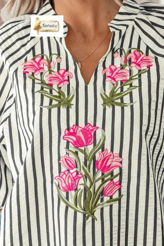 Blue Stripe Floral Embroidered Detail V Neck Short Sleeve Blouse - Blouses & Shirts