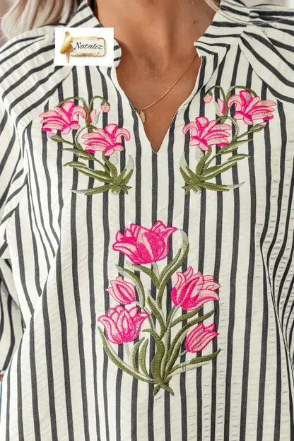 Blue Stripe Floral Embroidered Detail V Neck Short Sleeve Blouse - Blouses & Shirts