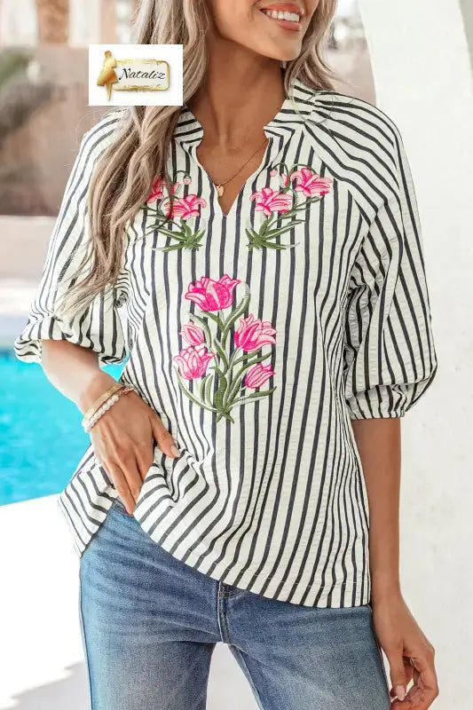 Blue Stripe Floral Embroidered Detail V Neck Short Sleeve Blouse - Blouses & Shirts