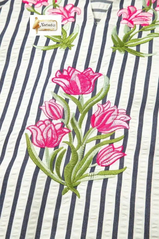Blue Stripe Floral Embroidered Detail V Neck Short Sleeve Blouse - Blouses & Shirts