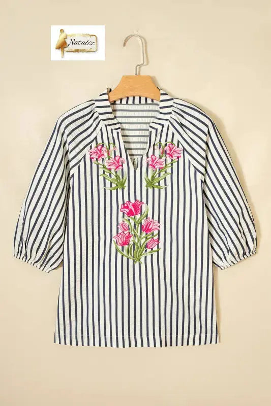 Blue Stripe Floral Embroidered Detail V Neck Short Sleeve Blouse - Blouses & Shirts