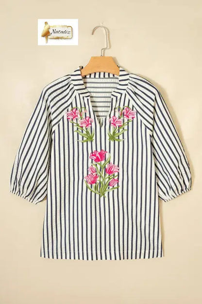Blue Stripe Floral Embroidered Detail V Neck Short Sleeve Blouse - Blouses & Shirts
