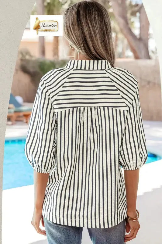 Blue Stripe Floral Embroidered Detail V Neck Short Sleeve Blouse - Blouses & Shirts