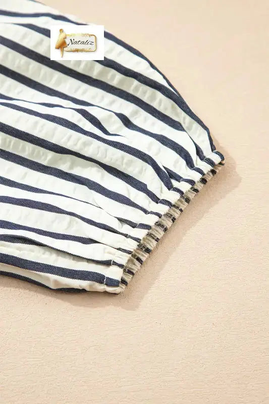 Blue Stripe Floral Embroidered Detail V Neck Short Sleeve Blouse - Blouses & Shirts