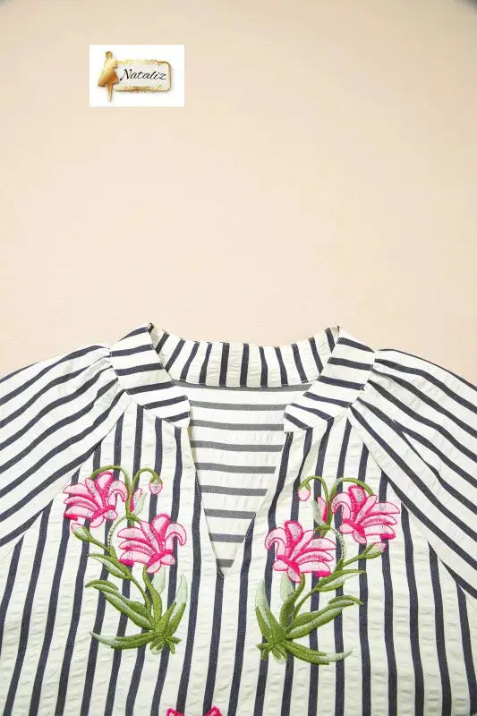 Blue Stripe Floral Embroidered Detail V Neck Short Sleeve Blouse - Blouses & Shirts