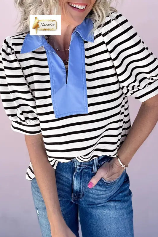 Blue Stripe Short Puff Sleeve Color Block Polo Collar Blouse Dear-Lover Dropshipping