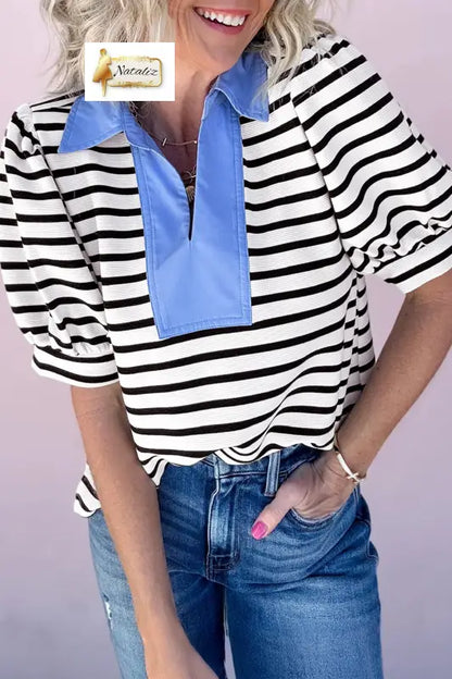 Blue Stripe Short Puff Sleeve Color Block Polo Collar Blouse Dear-Lover Dropshipping