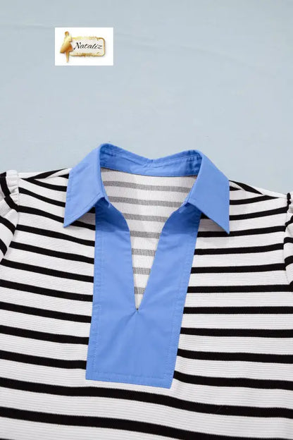 Blue Stripe Short Puff Sleeve Color Block Polo Collar Blouse Nataliz