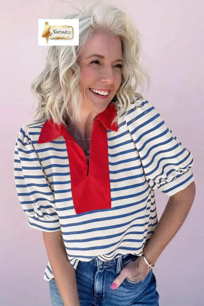 Blue Stripe Short Puff Sleeve Color Block Polo Collar Blouse Dear-Lover Dropshipping