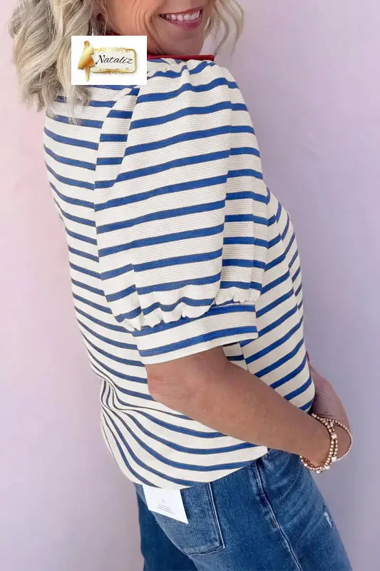 Blue Stripe Short Puff Sleeve Color Block Polo Collar Blouse Dear-Lover Dropshipping