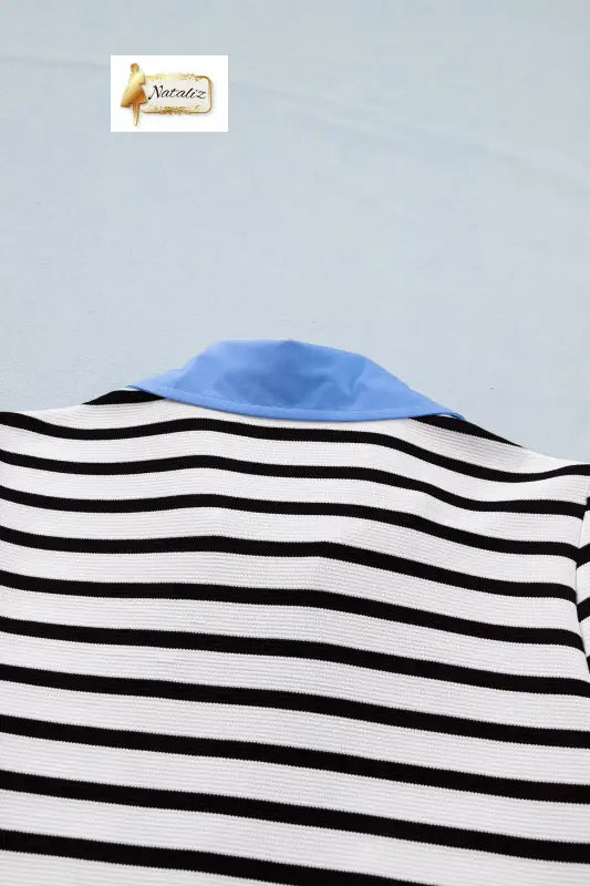 Blue Stripe Short Puff Sleeve Color Block Polo Collar Blouse Nataliz