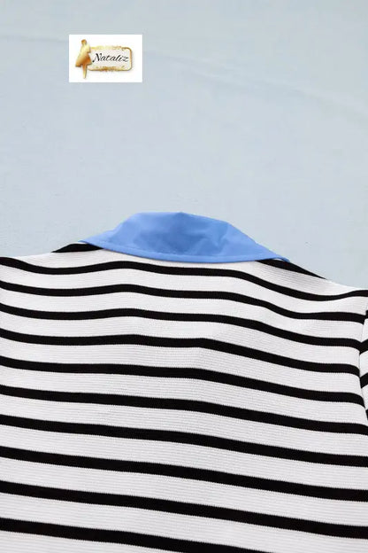 Blue Stripe Short Puff Sleeve Color Block Polo Collar Blouse Nataliz