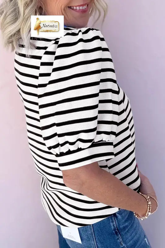 Blue Stripe Short Puff Sleeve Color Block Polo Collar Blouse Dear-Lover Dropshipping