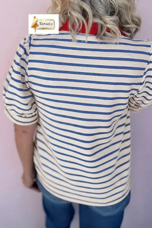 Blue Stripe Short Puff Sleeve Color Block Polo Collar Blouse Dear-Lover Dropshipping