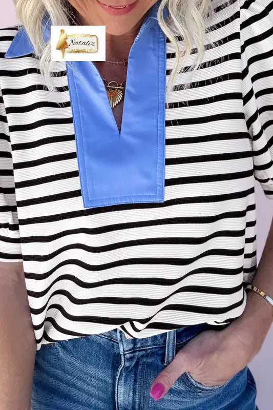 Blue Stripe Short Puff Sleeve Color Block Polo Collar Blouse Nataliz