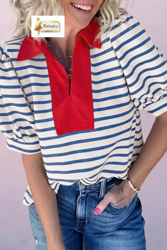 Blue Stripe Short Puff Sleeve Color Block Polo Collar Blouse Dear-Lover Dropshipping